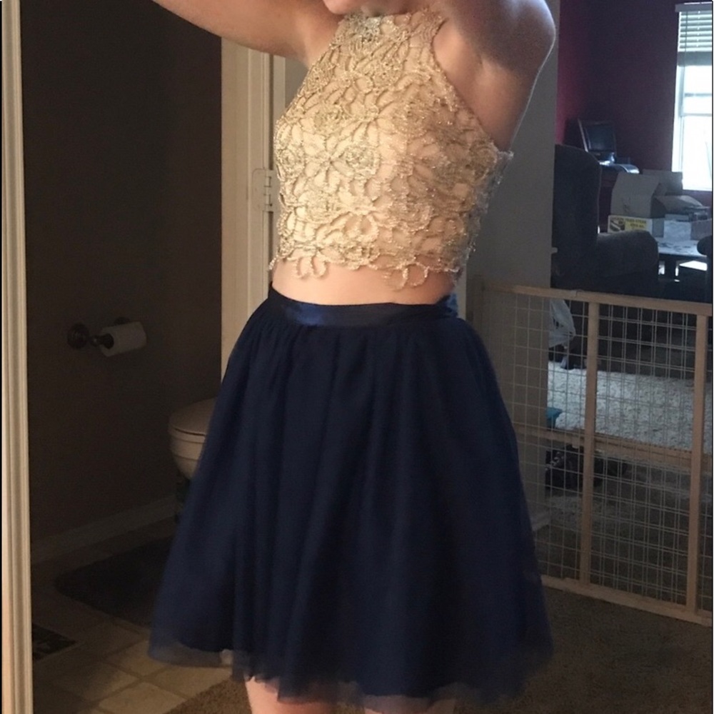 Two-piece prom dress gold and navy blue size 1/2